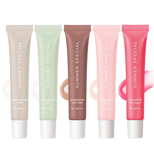 5-Color Summer Special Lip Balm Butter - Shea Butter & Avocado Oil, Lightweight & Non-Sticky, 5 Trending Shades (Vanilla Nude, Mint Clear, Iced Coffee, Cake Glittery Pink, Guava), Soften Dry Lips Care Gift Box for Teens Avelisse