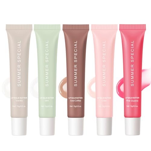 5-Color Summer Special Lip Balm Butter - Shea Butter & Avocado Oil, Lightweight & Non-Sticky, 5 Trending Shades (Vanilla Nude, Mint Clear, Iced Coffee, Cake Glittery Pink, Guava), Soften Dry Lips Care Gift Box for Teens Avelisse