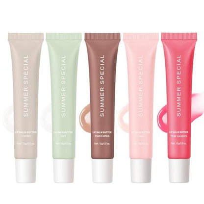 5-Color Summer Special Lip Balm Butter - Shea Butter & Avocado Oil, Lightweight & Non-Sticky, 5 Trending Shades (Vanilla Nude, Mint Clear, Iced Coffee, Cake Glittery Pink, Guava), Soften Dry Lips Care Gift Box for Teens Avelisse