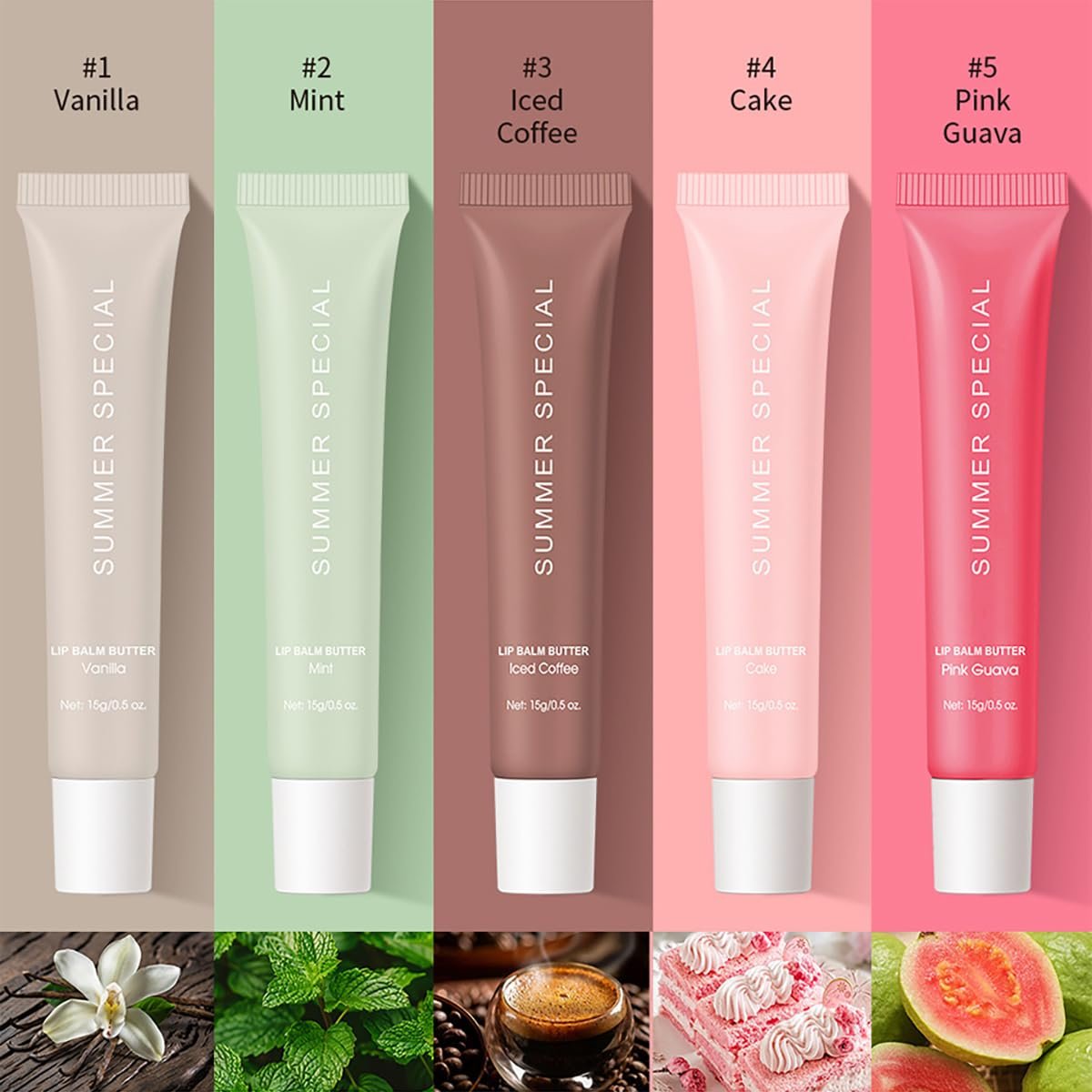 5-Color Summer Special Lip Balm Butter - Shea Butter & Avocado Oil, Lightweight & Non-Sticky, 5 Trending Shades (Vanilla Nude, Mint Clear, Iced Coffee, Cake Glittery Pink, Guava), Soften Dry Lips Care Gift Box for Teens Avelisse