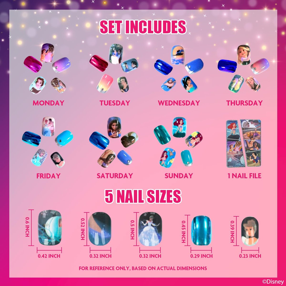Disney Princess 84-Piece Glitter & Metallic Press-On Nails Set for Kids & Tweens – Townley Girl - görsel 3