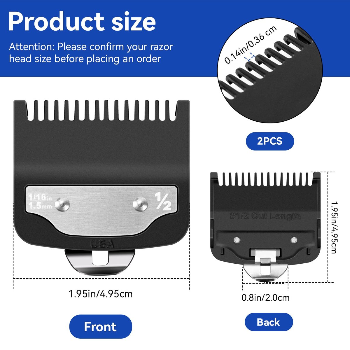 Replacement 1/2 Wahl Clipper Guards Set, 1/16" 1.5mm Metal Hair Clipper Guards for Professional Barbers (2 Pack) - görsel 6
