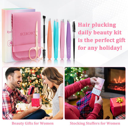 NICEMOVIC 7 Pcs Eyebrow Tweezers Set for Women - Precision Facial Hair Tweezers, Multicolor Grooming Kit, Ideal Mother's Day Gift, Christmas Stocking Stuffer, Birthday Gift for Mom