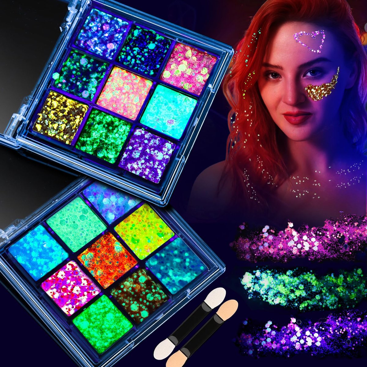FANDAMEI Glow in The Dark Glitter Gel Palette - 18 Colors Face Body Hair Glitter Makeup for Kids Women Halloween Rave Concert - görsel 1