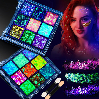 FANDAMEI Glow in The Dark Glitter Gel Palette - 18 Colors Face Body Hair Glitter Makeup for Kids Women Halloween Rave Concert