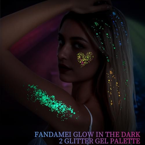 FANDAMEI Glow in The Dark Glitter Gel Palette - 18 Colors Face Body Hair Glitter Makeup for Kids Women Halloween Rave Concert - görsel 10