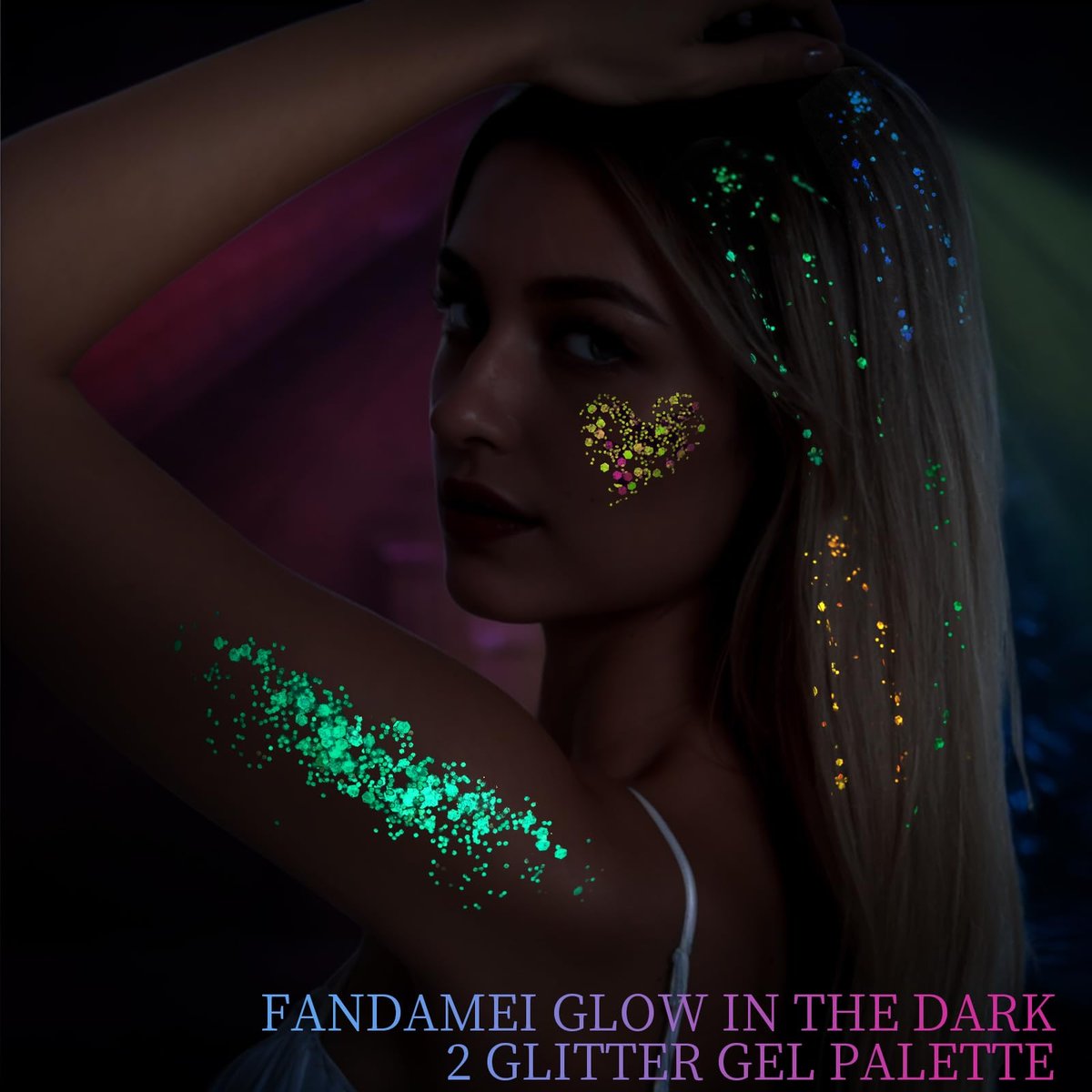 FANDAMEI Glow in The Dark Glitter Gel Palette - 18 Colors Face Body Hair Glitter Makeup for Kids Women Halloween Rave Concert - görsel 9