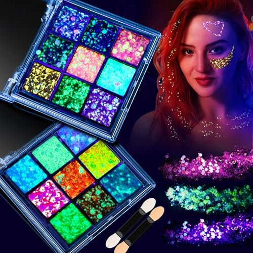 FANDAMEI Glow in The Dark Glitter Gel Palette - 18 Colors Face Body Hair Glitter Makeup for Kids Women Halloween Rave Concert - görsel 2