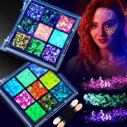 FANDAMEI Glow in The Dark Glitter Gel Palette - 18 Colors Face Body Hair Glitter Makeup for Kids Women Halloween Rave Concert