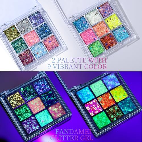 FANDAMEI Glow in The Dark Glitter Gel Palette - 18 Colors Face Body Hair Glitter Makeup for Kids Women Halloween Rave Concert - görsel 4