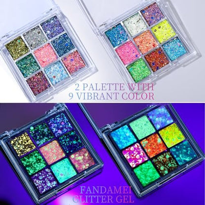 FANDAMEI Glow in The Dark Glitter Gel Palette - 18 Colors Face Body Hair Glitter Makeup for Kids Women Halloween Rave Concert