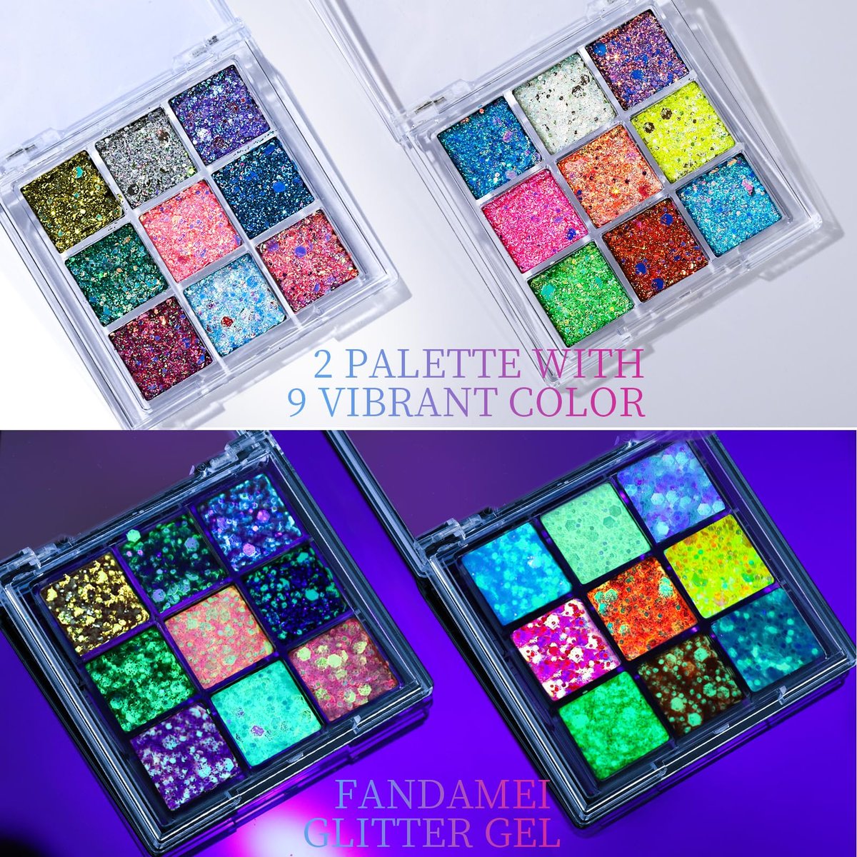 FANDAMEI Glow in The Dark Glitter Gel Palette - 18 Colors Face Body Hair Glitter Makeup for Kids Women Halloween Rave Concert - görsel 3