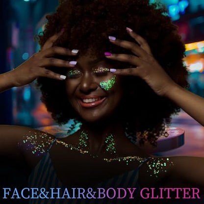 FANDAMEI Glow in The Dark Glitter Gel Palette - 18 Colors Face Body Hair Glitter Makeup for Kids Women Halloween Rave Concert