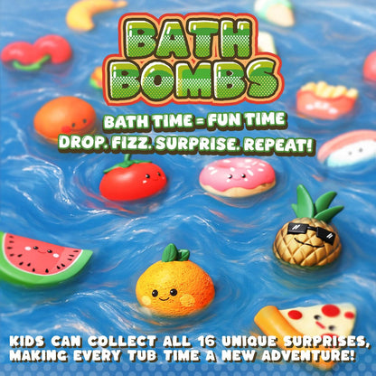 Zippytots Kids Bath Bombs with Food Toys Inside, 16 Pack Colorful Surprise Bath Fizzies Set, Organic Fizzy Bubble Bath Bombs for Girls & Boys, Ages 3+ Avelisse
