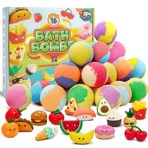 Zippytots Kids Bath Bombs with Food Toys Inside, 16 Pack Colorful Surprise Bath Fizzies Set, Organic Fizzy Bubble Bath Bombs for Girls & Boys, Ages 3+ Avelisse