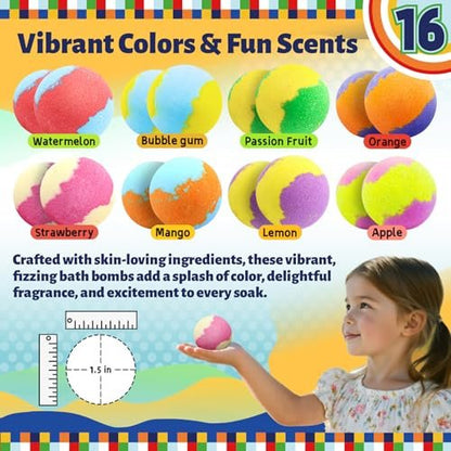 Zippytots Kids Bath Bombs with Food Toys Inside, 16 Pack Colorful Surprise Bath Fizzies Set, Organic Fizzy Bubble Bath Bombs for Girls & Boys, Ages 3+ Avelisse