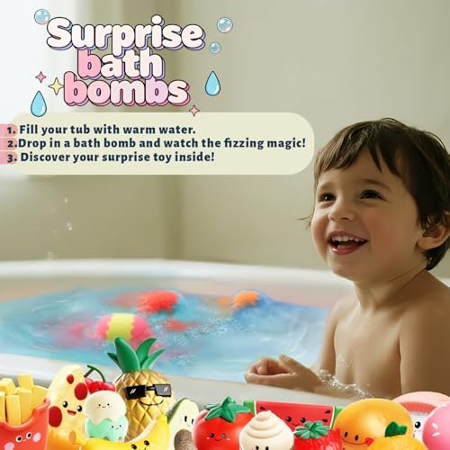 Zippytots Kids Bath Bombs with Food Toys Inside, 16 Pack Colorful Surprise Bath Fizzies Set, Organic Fizzy Bubble Bath Bombs for Girls & Boys, Ages 3+ Avelisse
