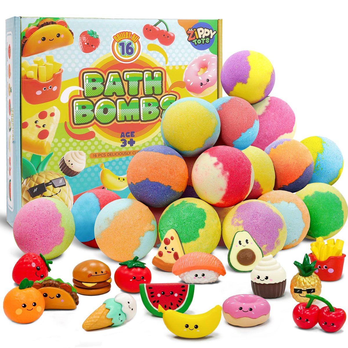 Zippytots Kids Bath Bombs with Food Toys Inside, 16 Pack Colorful Surprise Bath Fizzies Set, Organic Fizzy Bubble Bath Bombs for Girls & Boys, Ages 3+ Avelisse