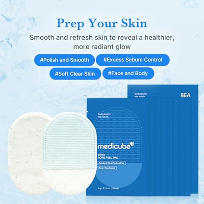 Medicube Zero Pore Peel Pads (8ea) | Exfoliating Mitt for Face & Body | Rice Extract, Natural AHA & Panthenol | Double-Sided Organic Cotton & Microfiber Pads