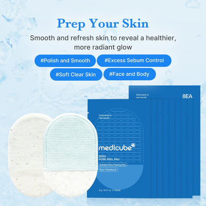 Medicube Zero Pore Peel Pads (8ea) | Exfoliating Mitt for Face & Body | Rice Extract, Natural AHA & Panthenol | Double-Sided Organic Cotton & Microfiber Pads