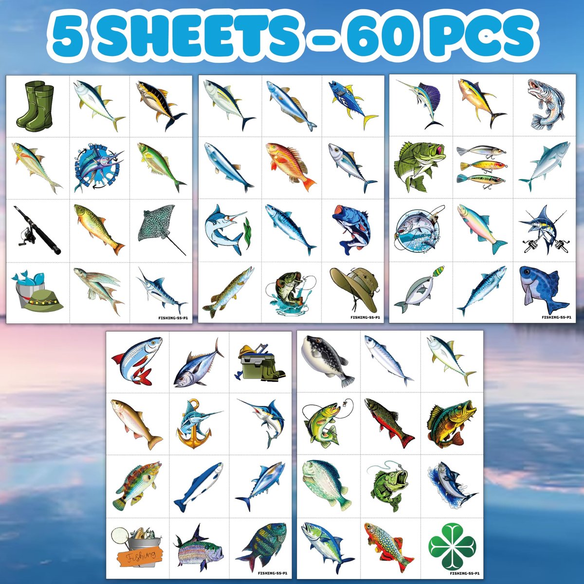 60 PCS Fishing Pre-Cut Temporary Tattoos for Kids & Adults | Birthday Party Favors, School Prizes & Rewards - görsel 5