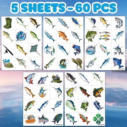 60 PCS Fishing Pre-Cut Temporary Tattoos for Kids & Adults | Birthday Party Favors, School Prizes & Rewards