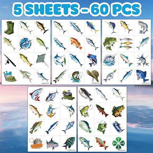 60 PCS Fishing Pre-Cut Temporary Tattoos for Kids & Adults | Birthday Party Favors, School Prizes & Rewards - görsel 6