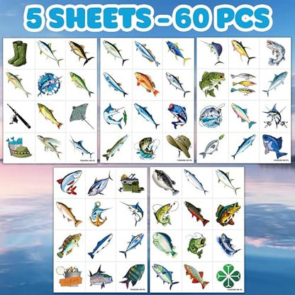 60 PCS Fishing Pre-Cut Temporary Tattoos for Kids & Adults | Birthday Party Favors, School Prizes & Rewards