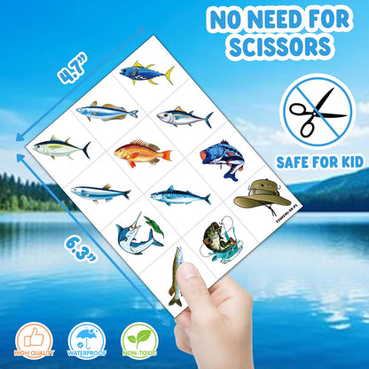 60 PCS Fishing Pre-Cut Temporary Tattoos for Kids & Adults | Birthday Party Favors, School Prizes & Rewards