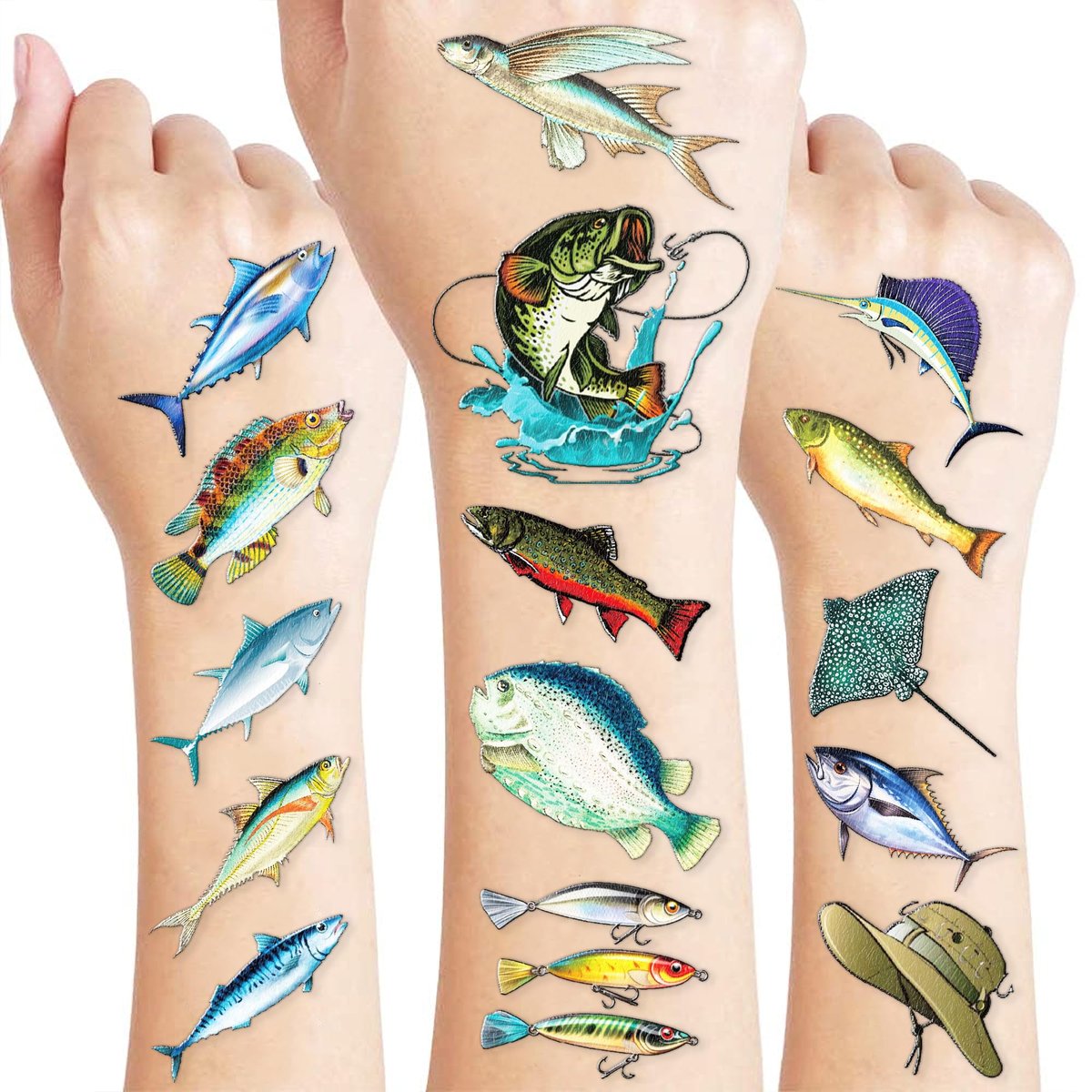60 PCS Fishing Pre-Cut Temporary Tattoos for Kids & Adults | Birthday Party Favors, School Prizes & Rewards - görsel 1