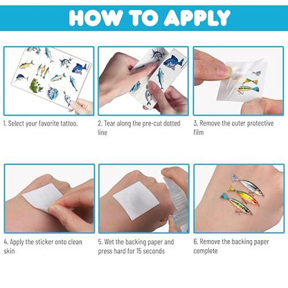 60 PCS Fishing Pre-Cut Temporary Tattoos for Kids & Adults | Birthday Party Favors, School Prizes & Rewards