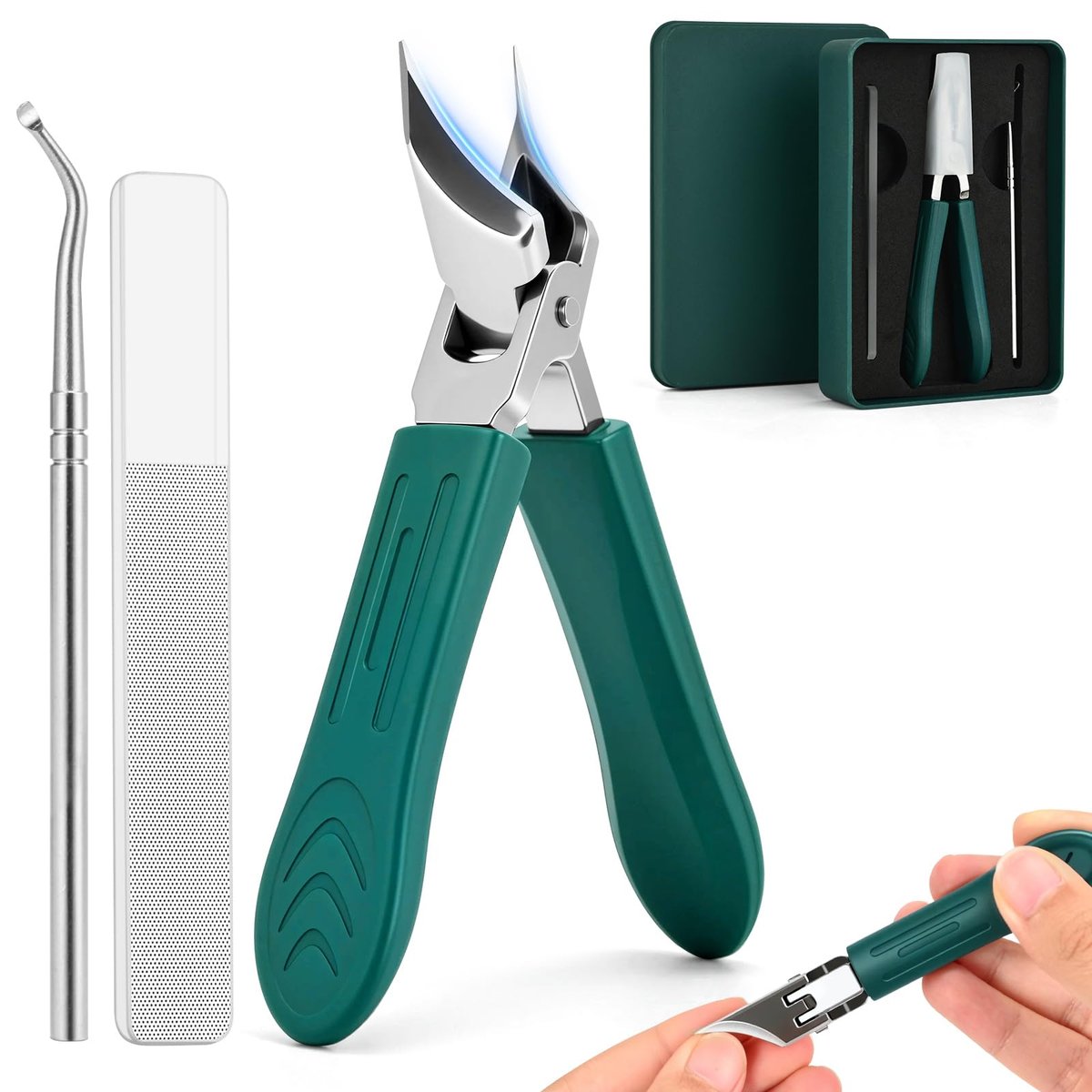 Upgraded Eagle Beak Beveled Nail Clippers – Long Handle Wide Jaw Slanted Nail Clipper 3-Piece Set, Anti-Splash for Men & Women (Green) - görsel 1