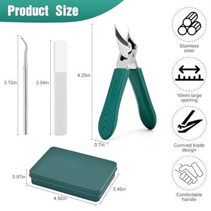 Upgraded Eagle Beak Beveled Nail Clippers – Long Handle Wide Jaw Slanted Nail Clipper 3-Piece Set, Anti-Splash for Men & Women (Green)