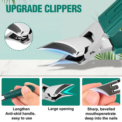 Upgraded Eagle Beak Beveled Nail Clippers – Long Handle Wide Jaw Slanted Nail Clipper 3-Piece Set, Anti-Splash for Men & Women (Green)