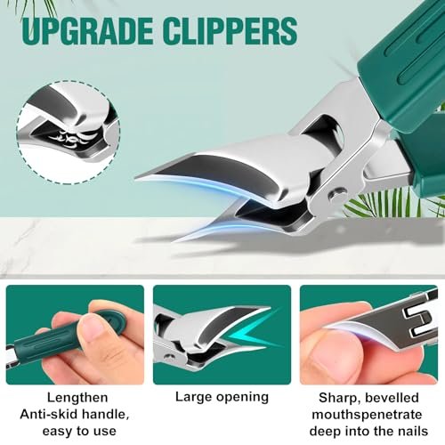 Upgraded Eagle Beak Beveled Nail Clippers – Long Handle Wide Jaw Slanted Nail Clipper 3-Piece Set, Anti-Splash for Men & Women (Green) - görsel 6