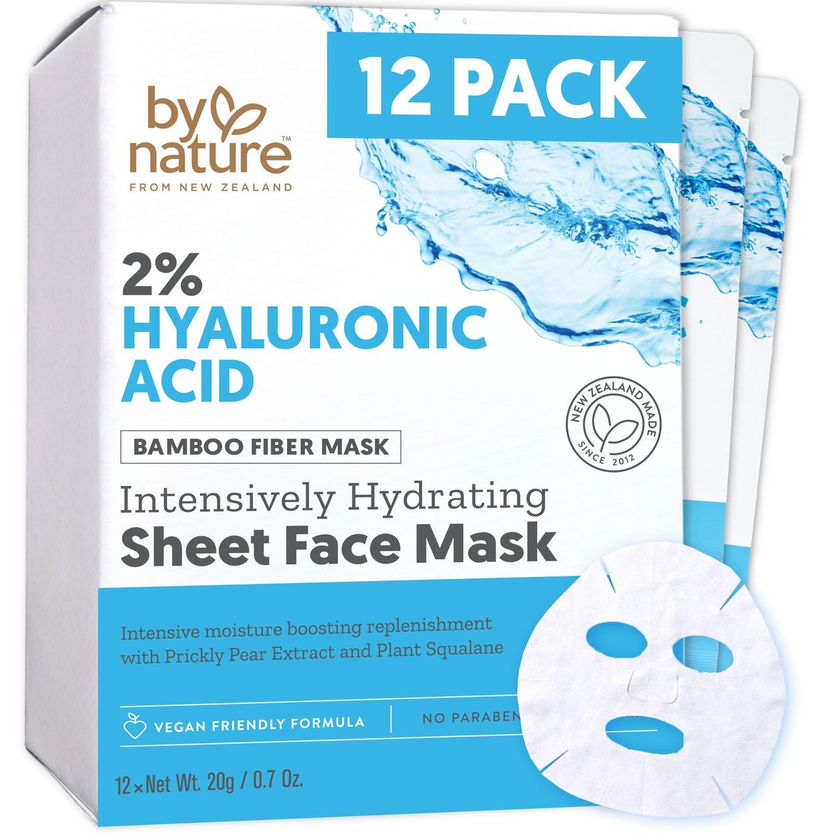 By Nature 2% Hyaluronic Acid Sheet Face Mask – Hydration Boost with Prickly Pear & Squalane – Made in New Zealand – Pack of 12 - görsel 1
