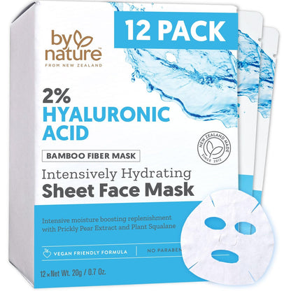 By Nature 2% Hyaluronic Acid Sheet Face Mask – Hydration Boost with Prickly Pear & Squalane – Made in New Zealand – Pack of 12