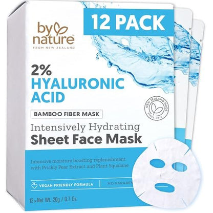 By Nature 2% Hyaluronic Acid Sheet Face Mask – Hydration Boost with Prickly Pear & Squalane – Made in New Zealand – Pack of 12