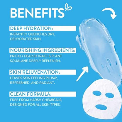 By Nature 2% Hyaluronic Acid Sheet Face Mask – Hydration Boost with Prickly Pear & Squalane – Made in New Zealand – Pack of 12