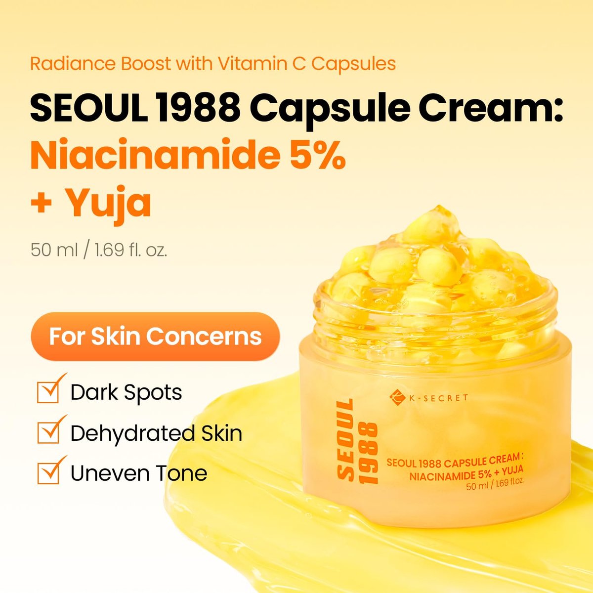 K-SECRET SEOUL 1988 Niacinamide Capsule Cream – Hydrating Face Moisturizer with 5% Niacinamide and Yuja Vitamin C for Dark Spots and Uneven Skin Tone | Korean Skincare, 50ml Avelisse
