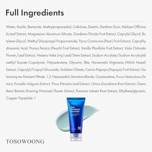 TOSOWOONG Real Blackhead Mud Mask - Pore Purifying Clay Mask for Face & Nose, Deep Cleansing, Oil Control, 3.52 oz Avelisse