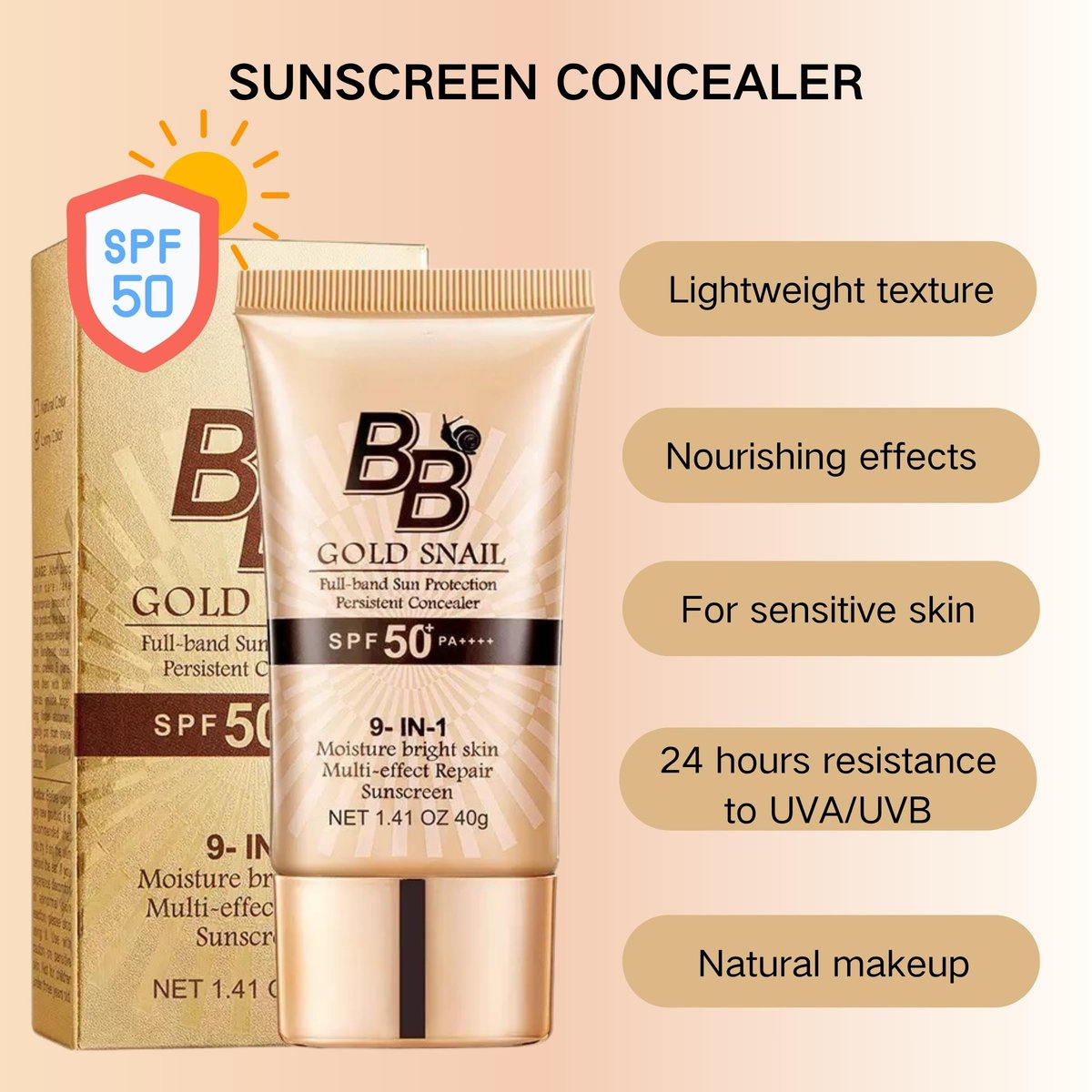 9-in-1 BB Cream Tinted Moisturizer with SPF 50, Full Coverage Foundation Concealer, Oil-Free Sunscreen for All Skin Types, Natural Color #01 - görsel 3