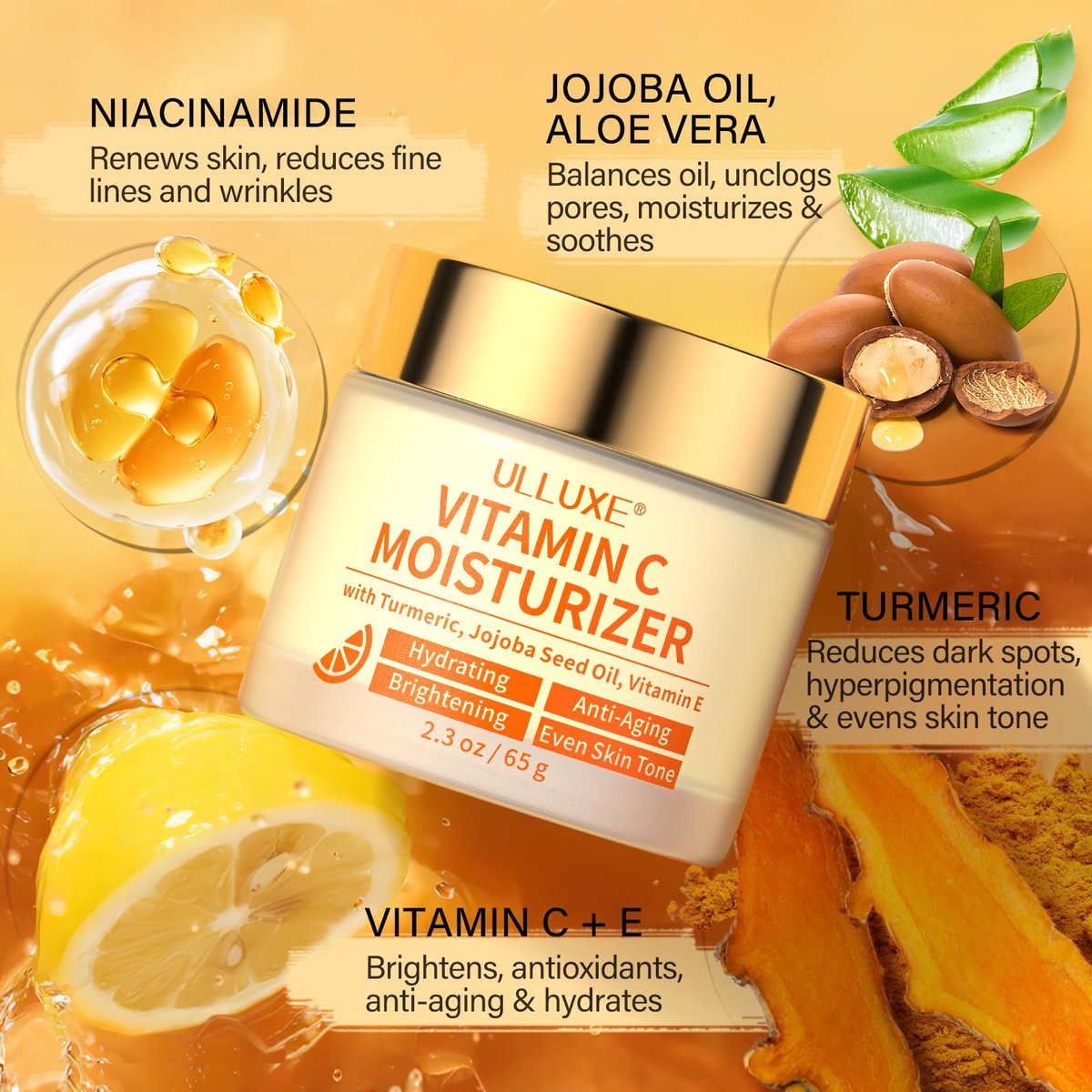 Vitamin C Face Moisturizer with Turmeric & Niacinamide - Brightening Anti-Aging Cream for Dark Spots, Wrinkles & Uneven Tone - Hydrating Face Moisturizer for All Skin Types, 2.3 oz Avelisse
