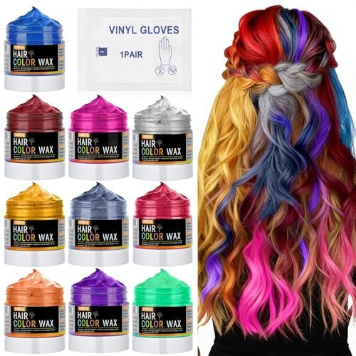 10Pcs Temporary Hair Color Wax for Christmas Party, Daily Party Cosplay Stocking Stuffers - Washable Hair Chalk Natural Instant Hair Color for Women, Kids, Teens, Men (40g Each, Assorted Colors) Avelisse