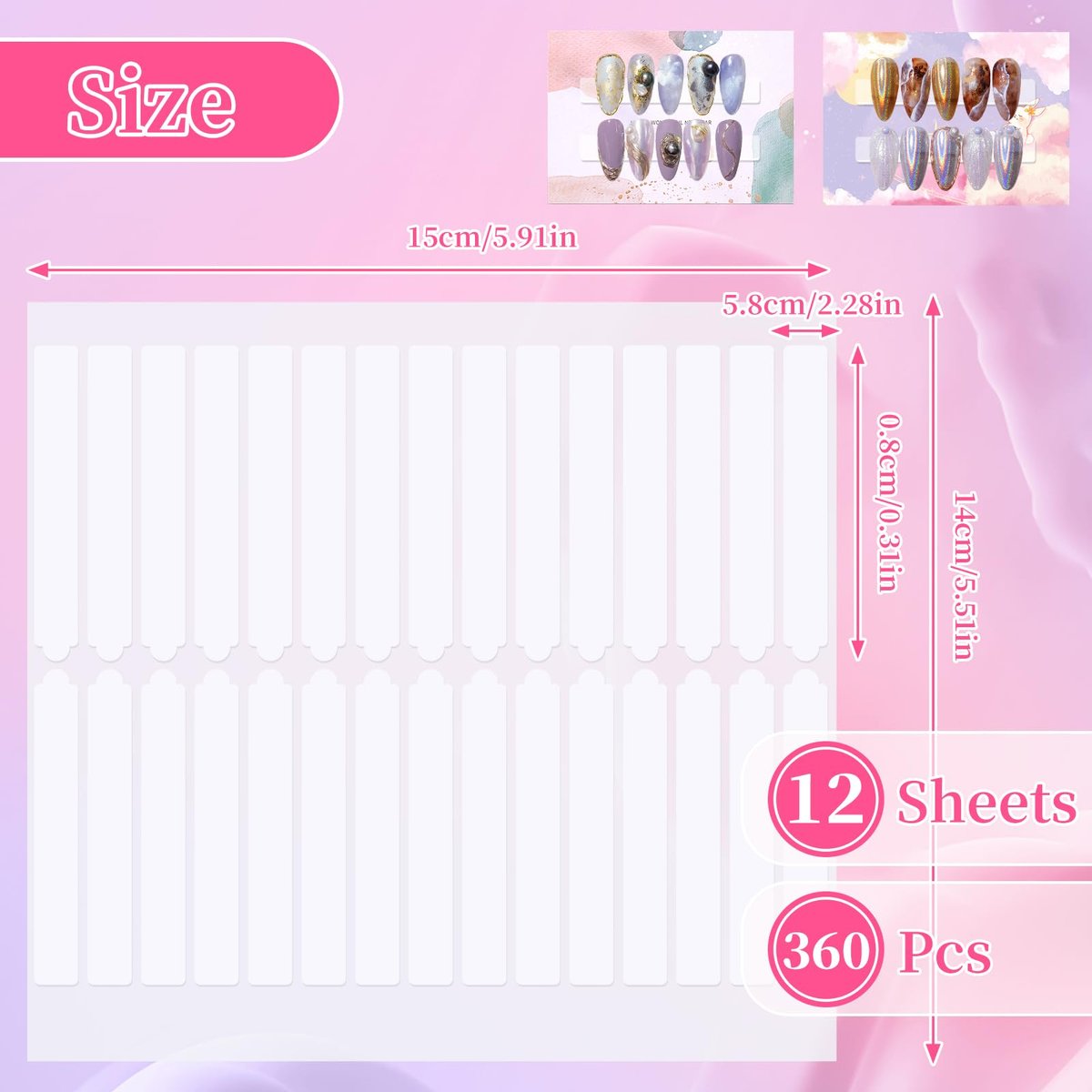 BQAN 12 Sheets Double Sided Nail Tape for Press On Nails Storage - Clear Acrylic Adhesive Mounting Tapes for Nail Design Display, Fake Nail Storage, Manicure Packaging Organize (360 Pieces) - görsel 3