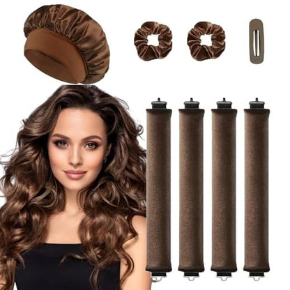 Heatless Curls Overnight Hair Curlers - 4 Pcs No-Heat Velvet Curling Rods with Satin Wrap & Shower Cap, Brown Avelisse