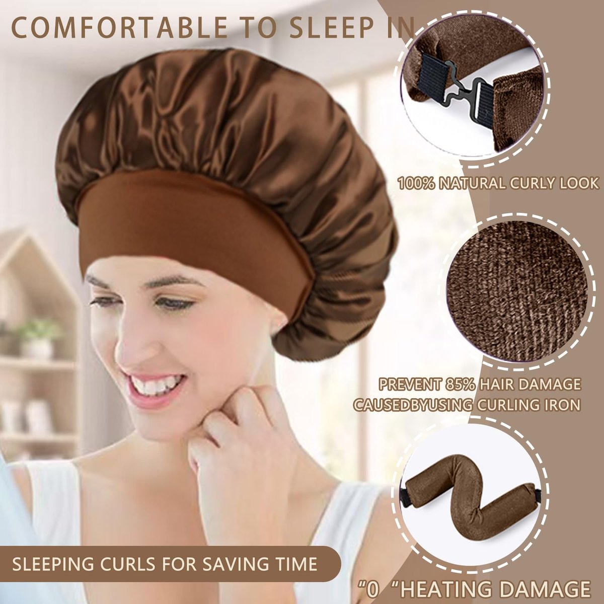 Heatless Curls Overnight Hair Curlers - 4 Pcs No-Heat Velvet Curling Rods with Satin Wrap & Shower Cap, Brown Avelisse