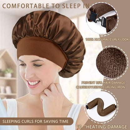 Heatless Curls Overnight Hair Curlers - 4 Pcs No-Heat Velvet Curling Rods with Satin Wrap & Shower Cap, Brown Avelisse