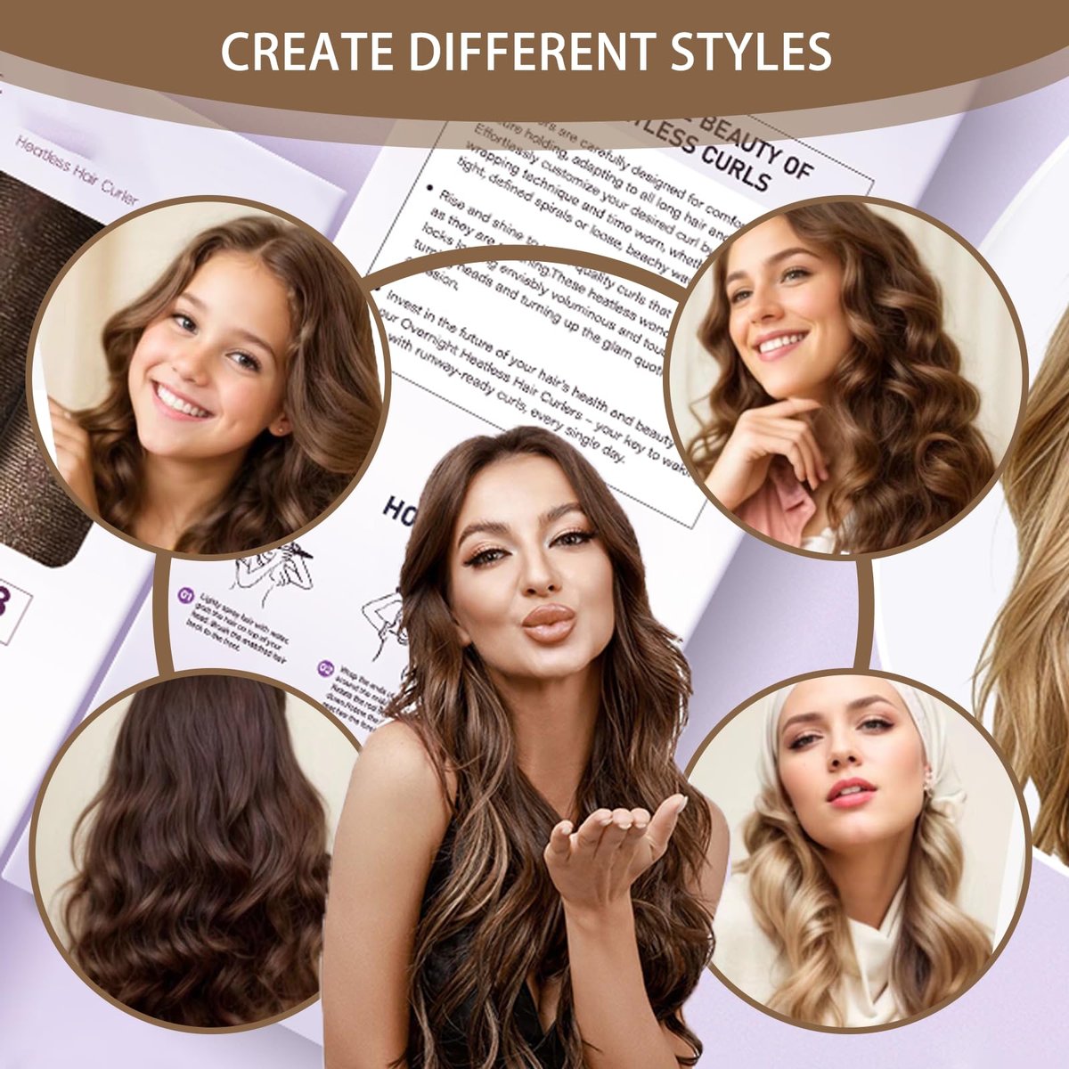 Heatless Curls Overnight Hair Curlers - 4 Pcs No-Heat Velvet Curling Rods with Satin Wrap & Shower Cap, Brown Avelisse