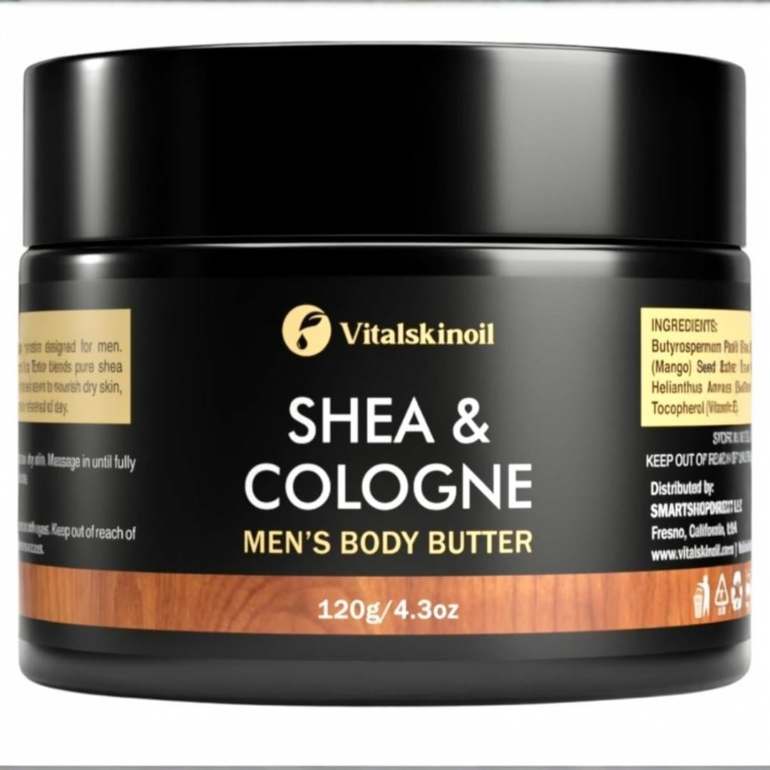 VITALSKINOIL Body Butter for Men – Shea and Cologne Scented Body Cream for All Skin Types (1 oz) Avelisse